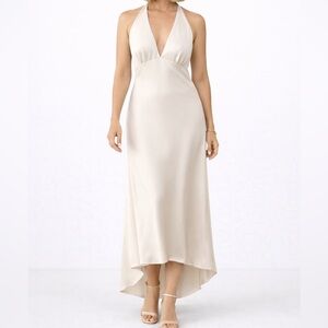 Elegant Cream Flowy Silk like Maxi  Dress